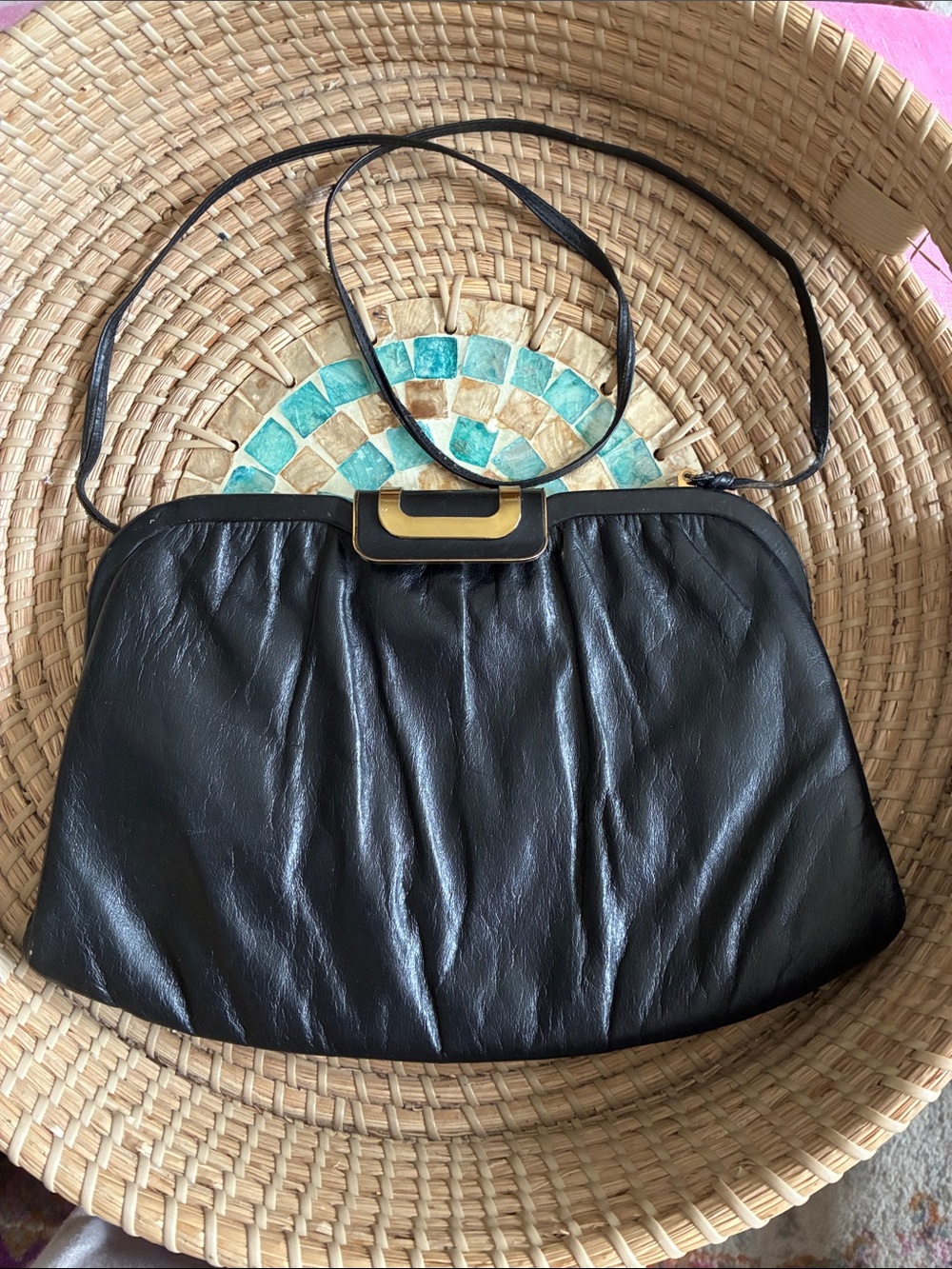Mardone USA 1960’s  Vintage Soft Black Leather Shoulder Bag with Gold Accent